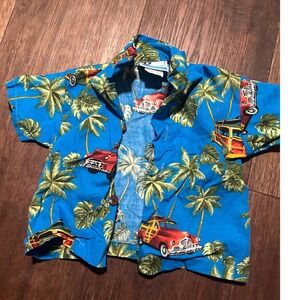 RJC Hawaii vacation Blue Aloha Shirt Short Sleeve Palm Tree Car Print Size 6M